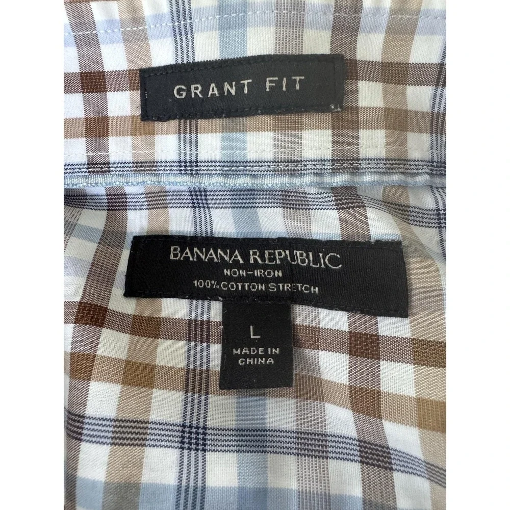 Banana Republic Shirt Mens L Blue Plaid Long Sleeve Grant Fit Non-Iron Dress